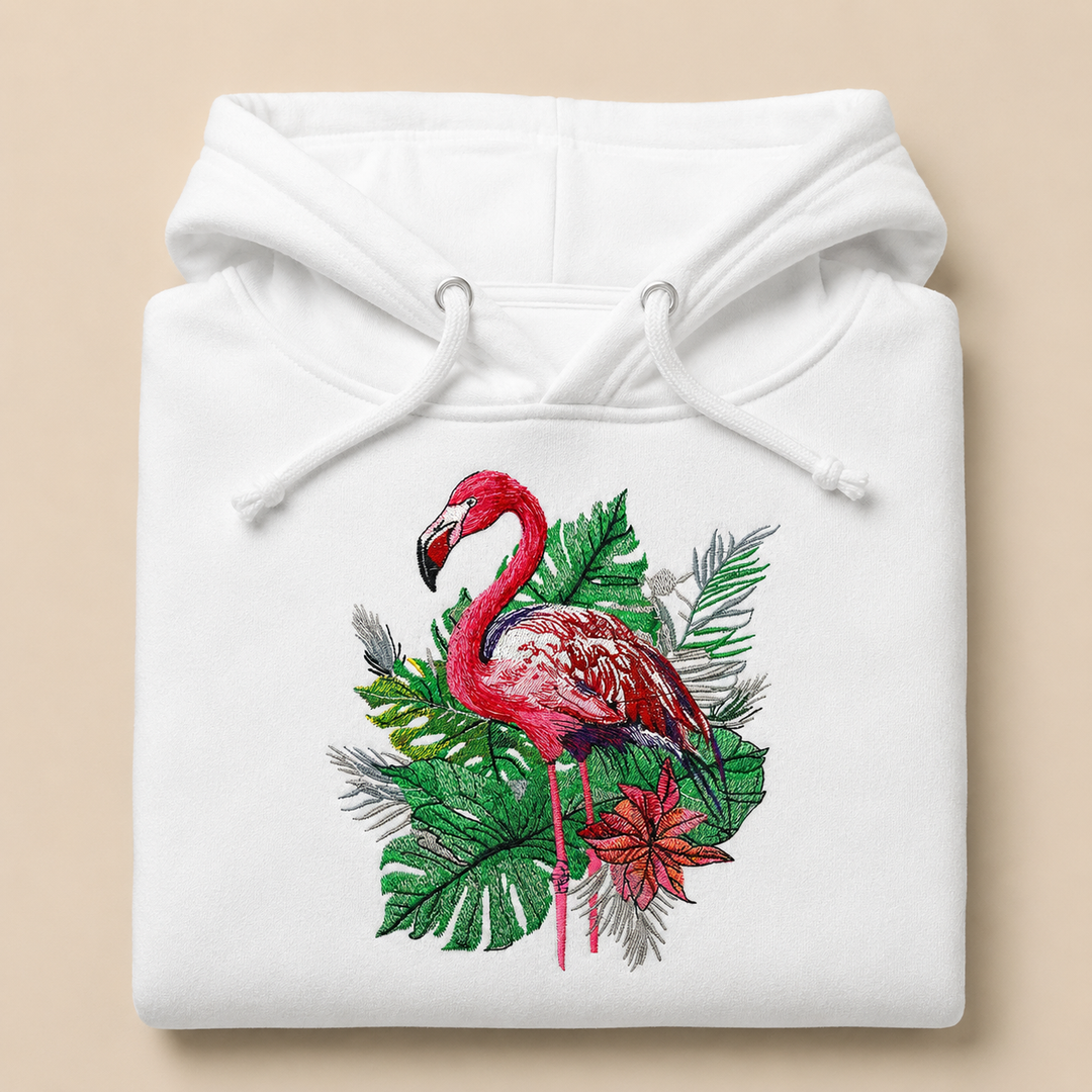 Flamingo Botanica Machine Embroidered Hoodie – Hand Finished in Dubai | EmbroMania