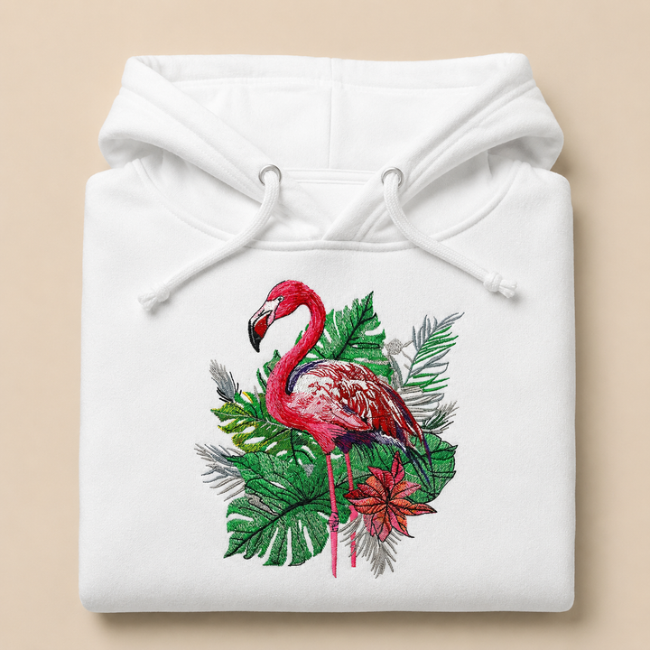 Flamingo Botanica Machine Embroidered Hoodie – Hand Finished in Dubai | EmbroMania