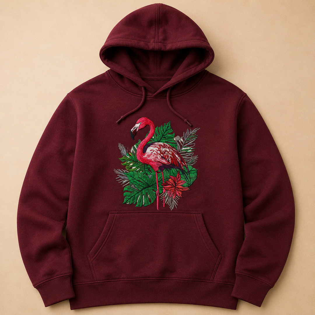 Flamingo Botanica Machine Embroidered Hoodie – Hand Finished in Dubai | EmbroMania