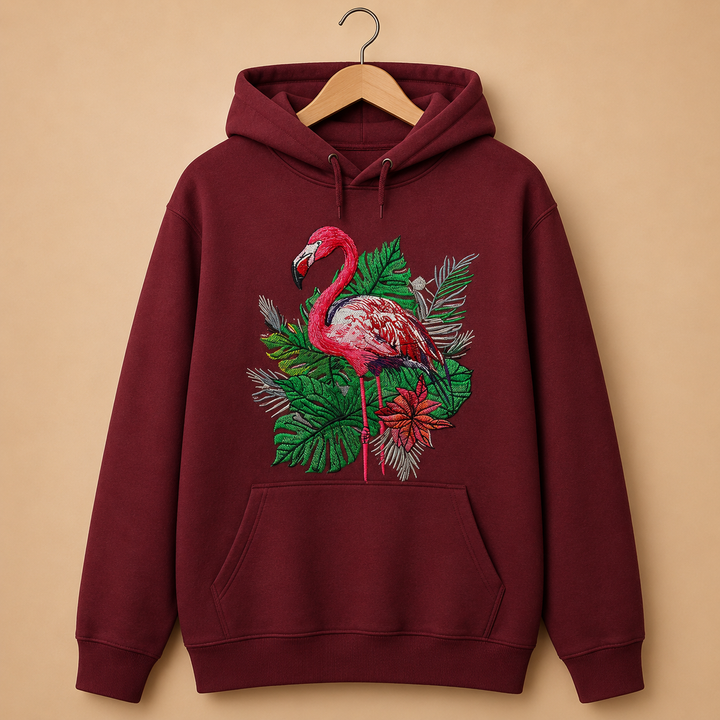 Flamingo Botanica Machine Embroidered Hoodie – Hand Finished in Dubai | EmbroMania