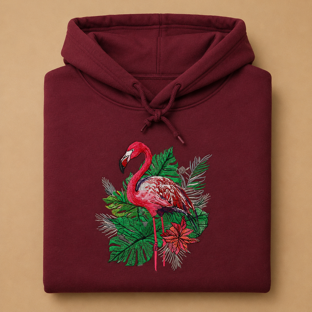 Flamingo Botanica Machine Embroidered Hoodie – Hand Finished in Dubai | EmbroMania