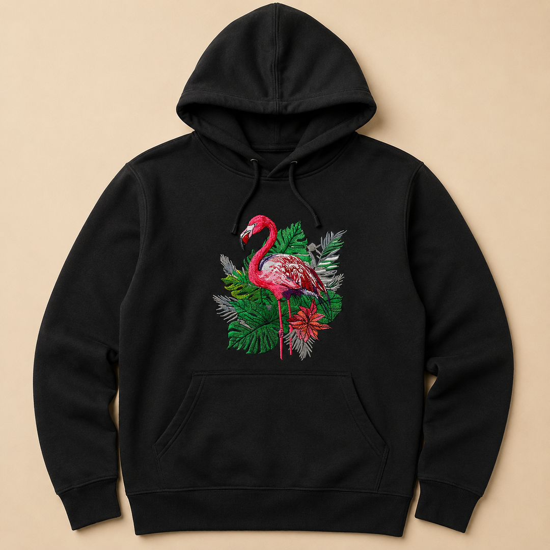 Flamingo Botanica Machine Embroidered Hoodie – Hand Finished in Dubai | EmbroMania
