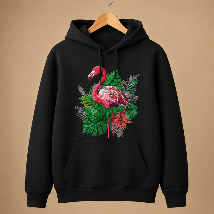 Flamingo Botanica Machine Embroidered Hoodie – Hand Finished in Dubai | EmbroMania
