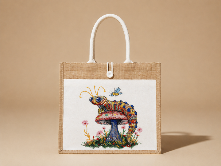 Floral Caterpillar Machine Embroidered Jute Tote – Hand Finished in Dubai | EmbroMania