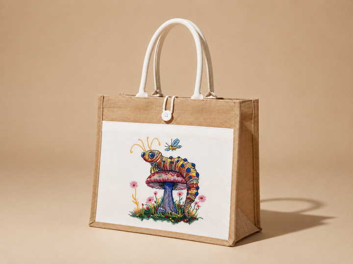 Floral Caterpillar Machine Embroidered Jute Tote – Hand Finished in Dubai | EmbroMania
