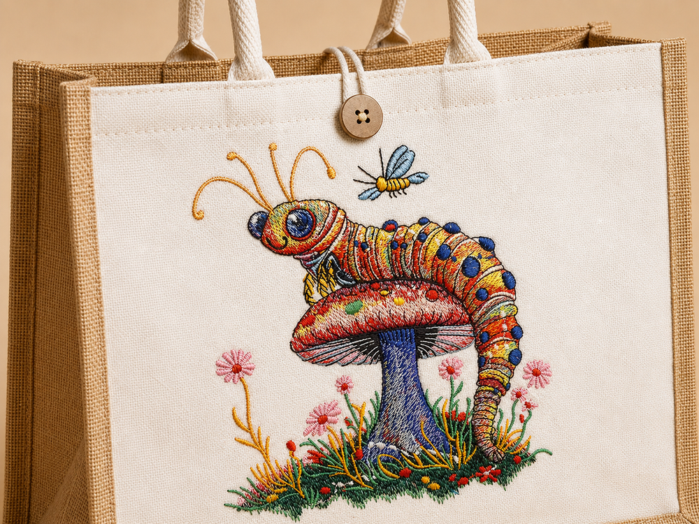 Floral Caterpillar Machine Embroidered Jute Tote – Hand Finished in Dubai | EmbroMania