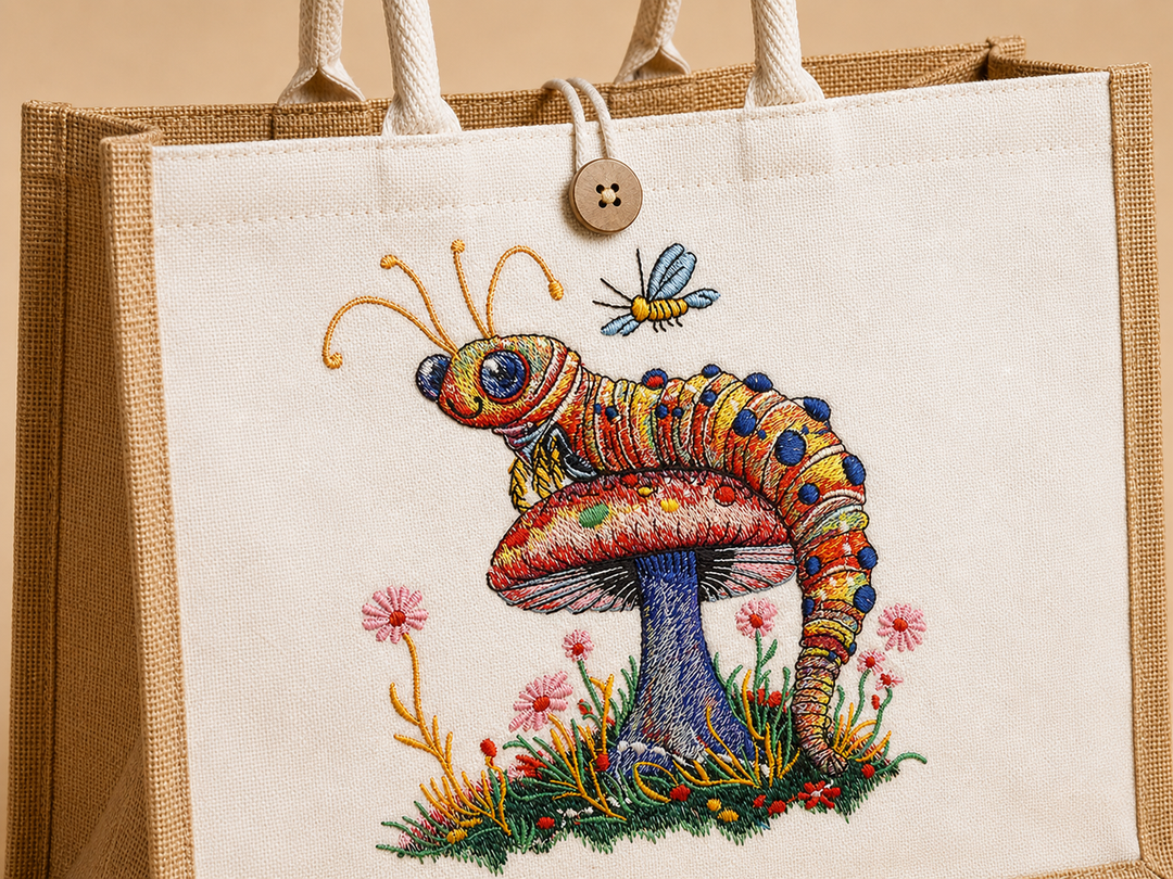 Floral Caterpillar Machine Embroidered Jute Tote – Hand Finished in Dubai | EmbroMania