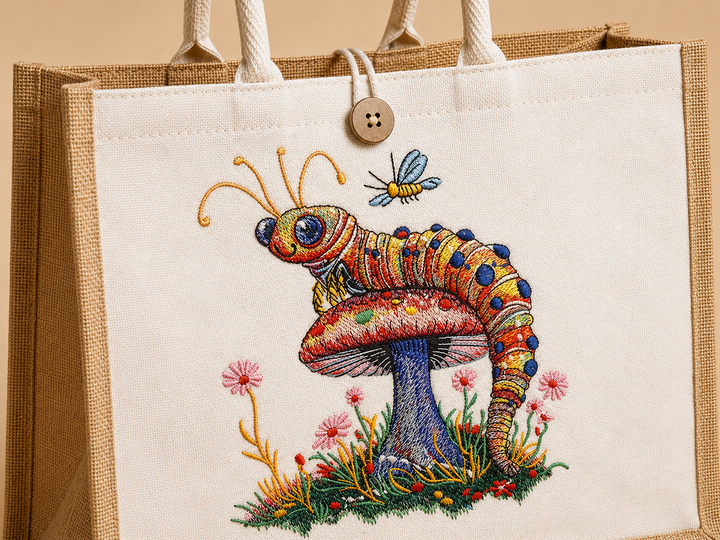 Floral Caterpillar Machine Embroidered Jute Tote – Hand Finished in Dubai | EmbroMania