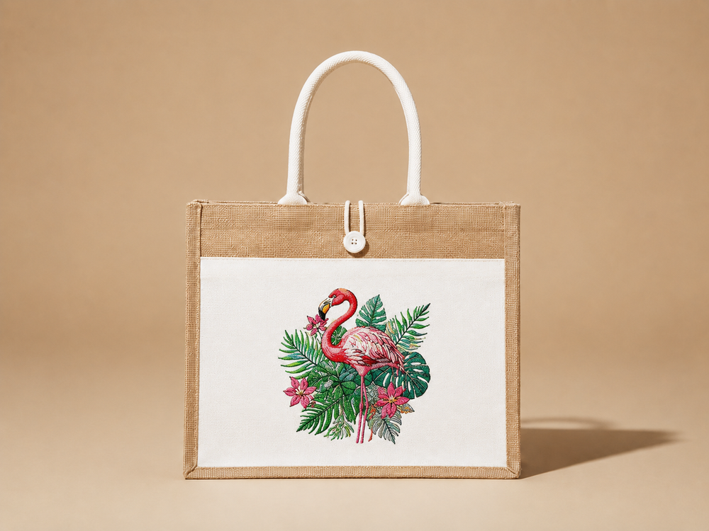 Flamingo Botanica Machine Embroidered Jute Tote – Hand Finished in Dubai | EmbroMania