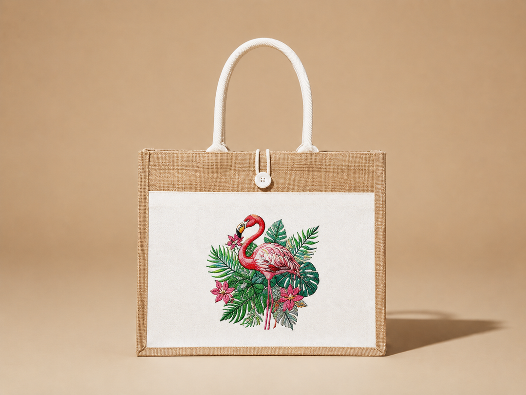 Flamingo Botanica Machine Embroidered Jute Tote – Hand Finished in Dubai | EmbroMania