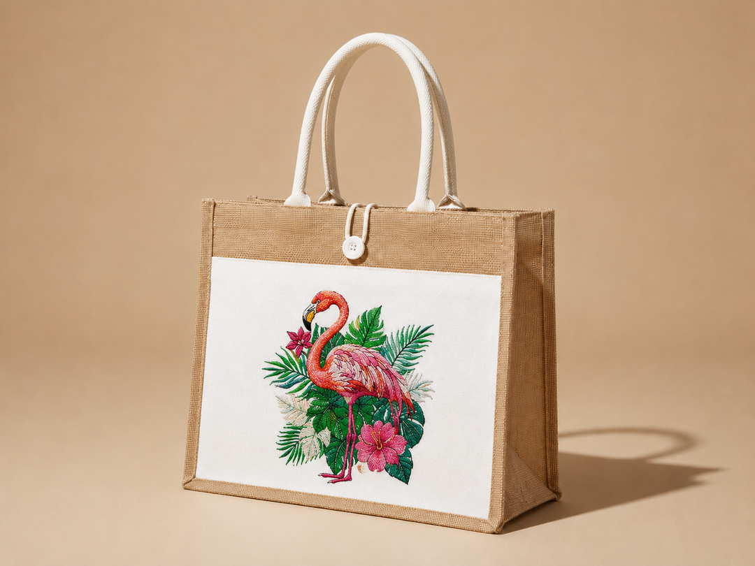 Flamingo Botanica Machine Embroidered Jute Tote – Hand Finished in Dubai | EmbroMania