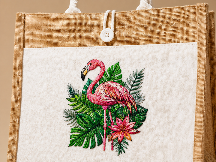 Flamingo Botanica Machine Embroidered Jute Tote – Hand Finished in Dubai | EmbroMania
