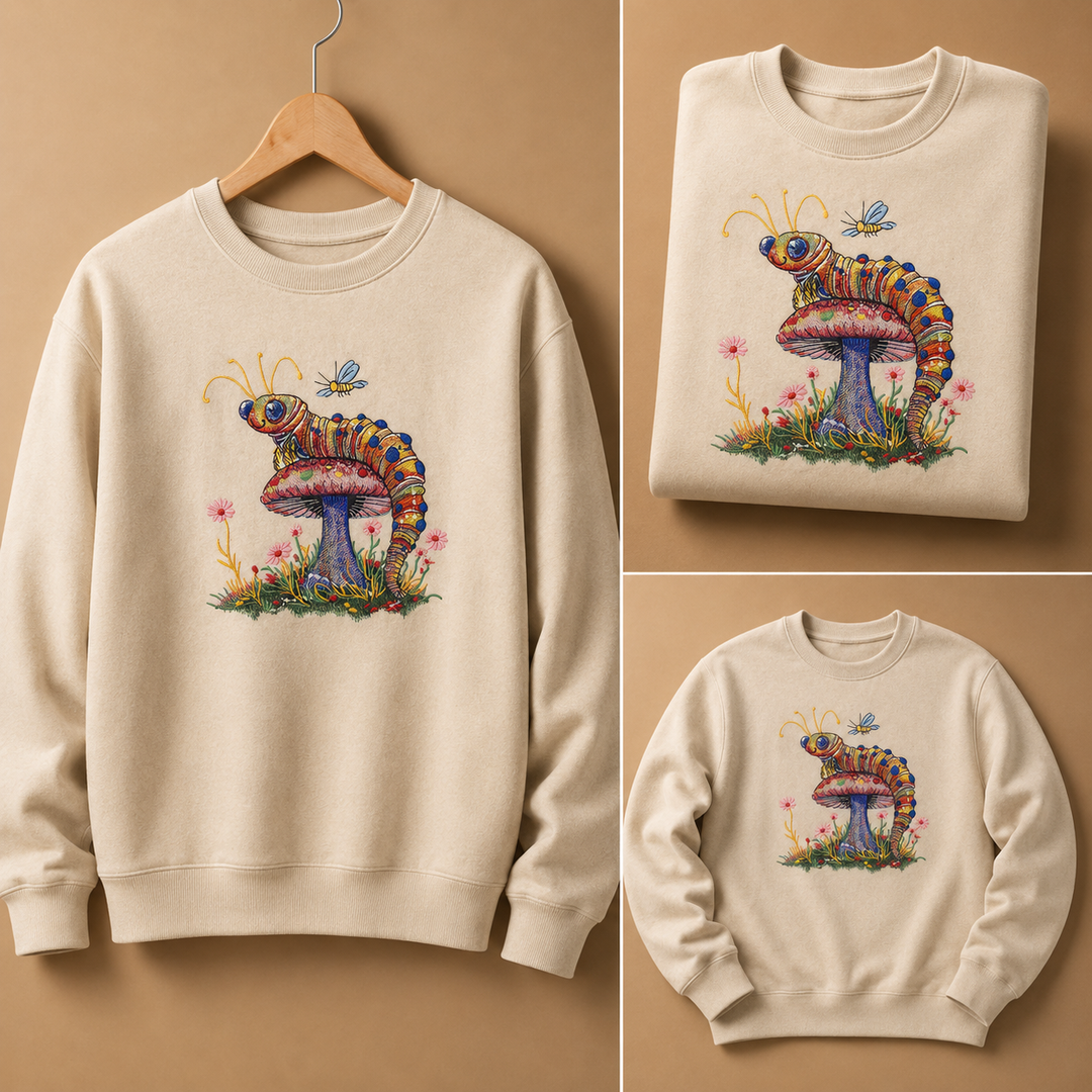 Floral Caterpillar Machine Embroidered Sweatshirt – Hand Finished in Dubai | EmbroMania