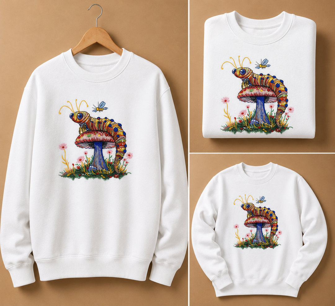 Floral Caterpillar Machine Embroidered Sweatshirt – Hand Finished in Dubai | EmbroMania