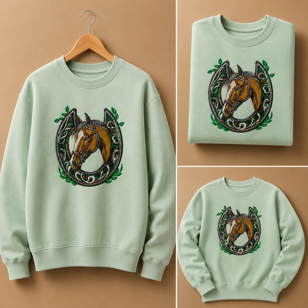 Horse Head &amp; Horseshoe Machine Embroidered Sweatshirt – Hand Finished in Dubai | EmbroMania