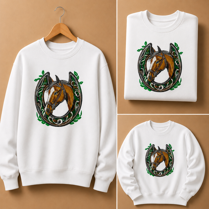 Horse Head &amp; Horseshoe Machine Embroidered Sweatshirt – Hand Finished in Dubai | EmbroMania