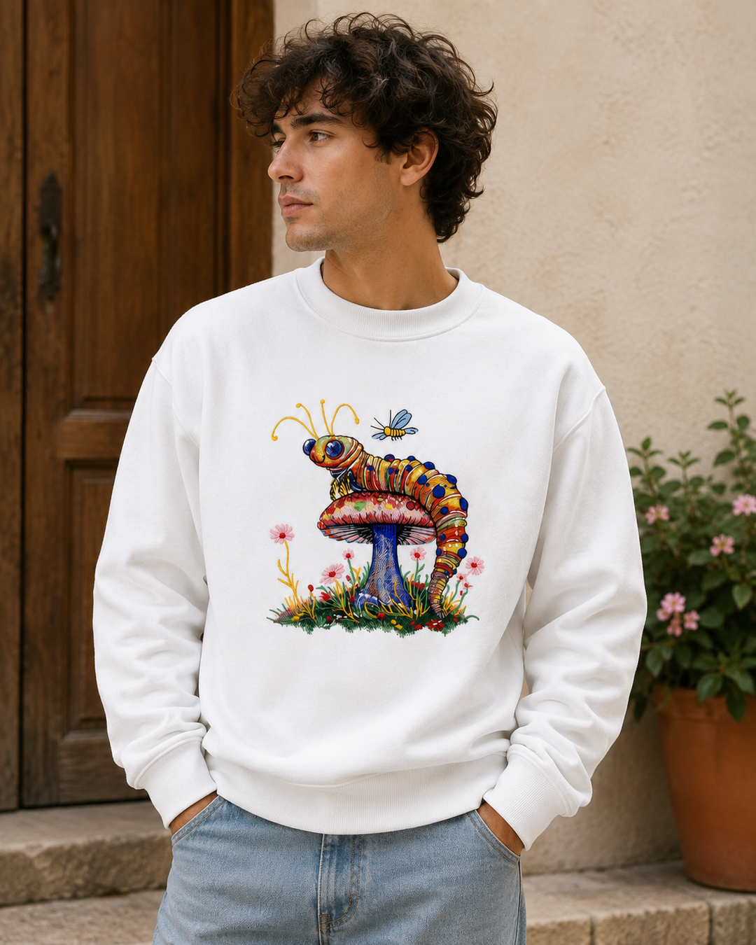 Floral Caterpillar Machine Embroidered Sweatshirt – Hand Finished in Dubai | EmbroMania