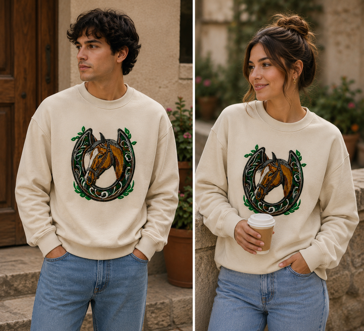 Horse Head &amp; Horseshoe Machine Embroidered Sweatshirt – Hand Finished in Dubai | EmbroMania