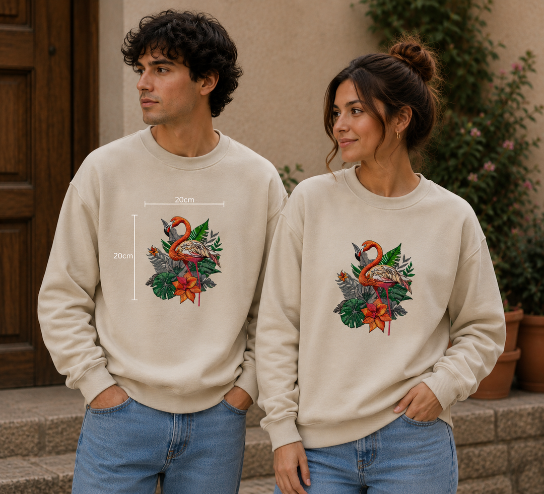 Flamingo Duo Machine Embroidered Sweatshirt – Hand Finished in Dubai | EmbroMania