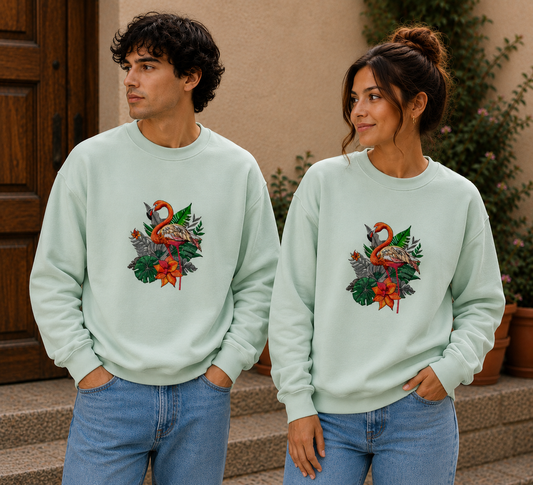 Flamingo Duo Machine Embroidered Sweatshirt – Hand Finished in Dubai | EmbroMania