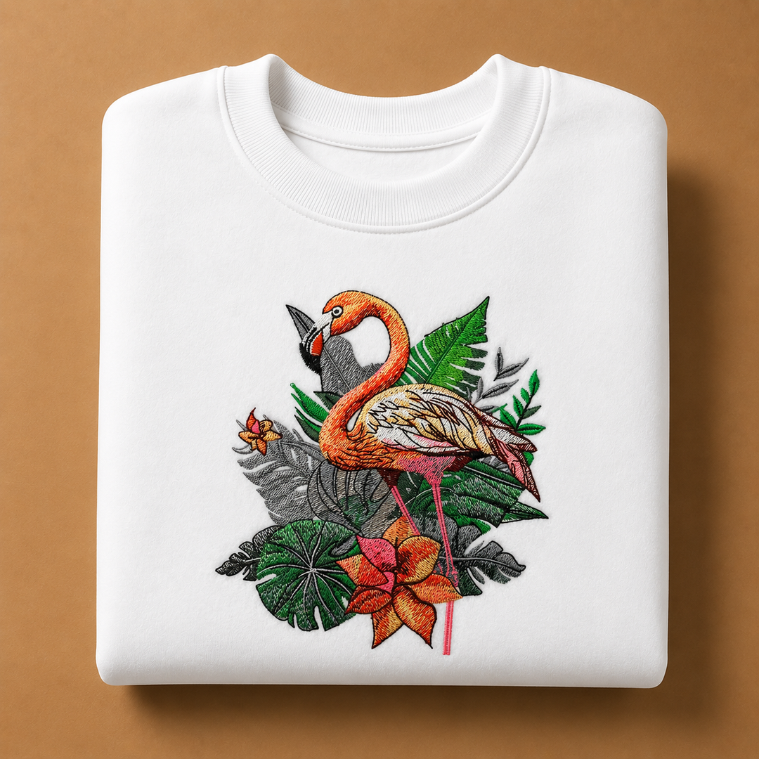 Flamingo Duo Machine Embroidered Sweatshirt – Hand Finished in Dubai | EmbroMania