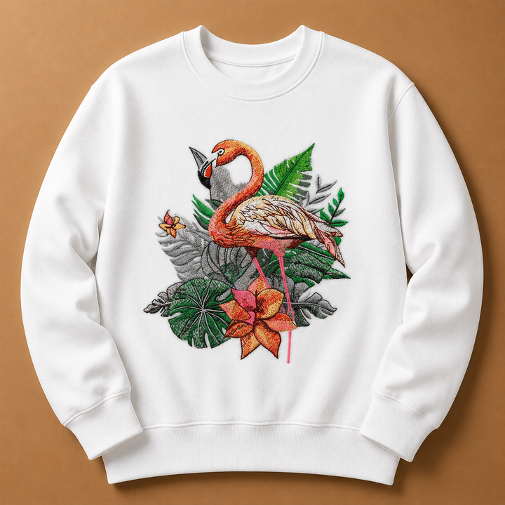 Flamingo Duo Machine Embroidered Sweatshirt – Hand Finished in Dubai | EmbroMania