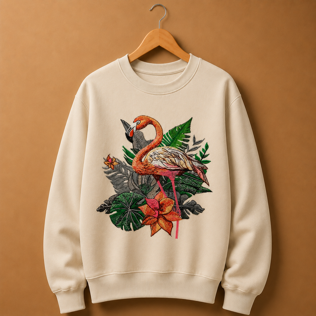 Flamingo Duo Machine Embroidered Sweatshirt – Hand Finished in Dubai | EmbroMania