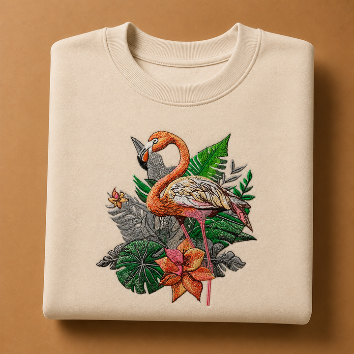 Flamingo Duo Machine Embroidered Sweatshirt – Hand Finished in Dubai | EmbroMania