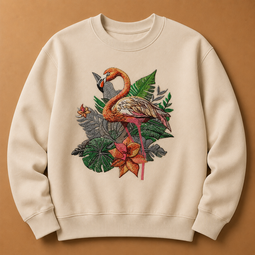 Flamingo Duo Machine Embroidered Sweatshirt – Hand Finished in Dubai | EmbroMania