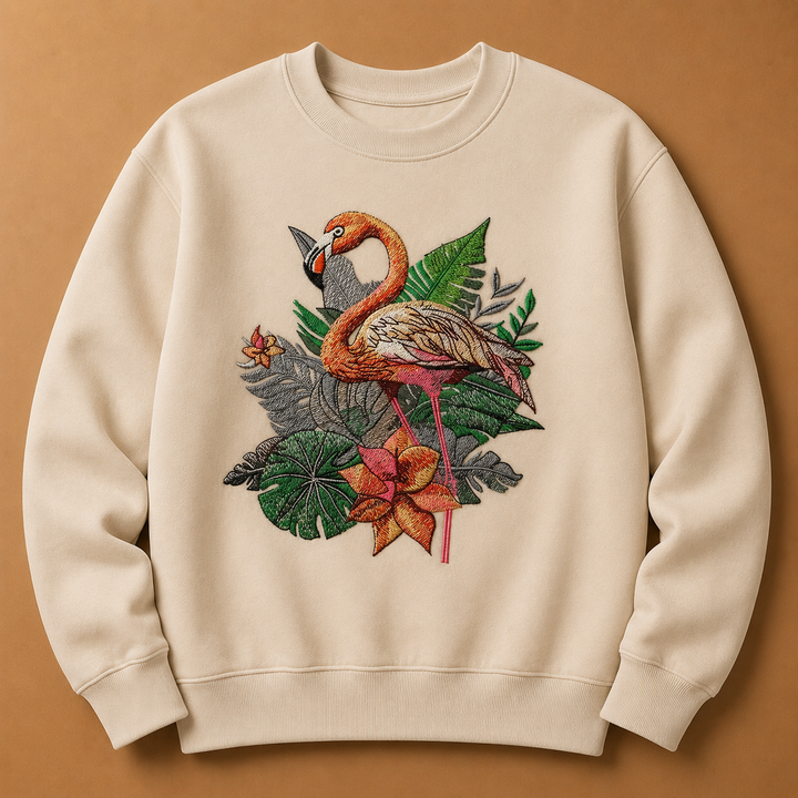 Flamingo Duo Machine Embroidered Sweatshirt – Hand Finished in Dubai | EmbroMania