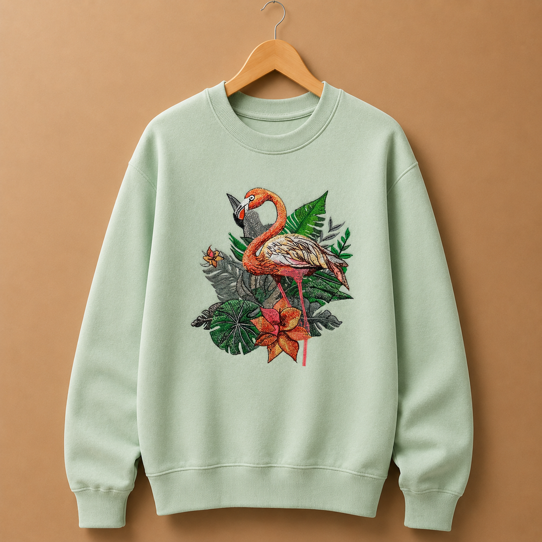 Flamingo Duo Machine Embroidered Sweatshirt – Hand Finished in Dubai | EmbroMania