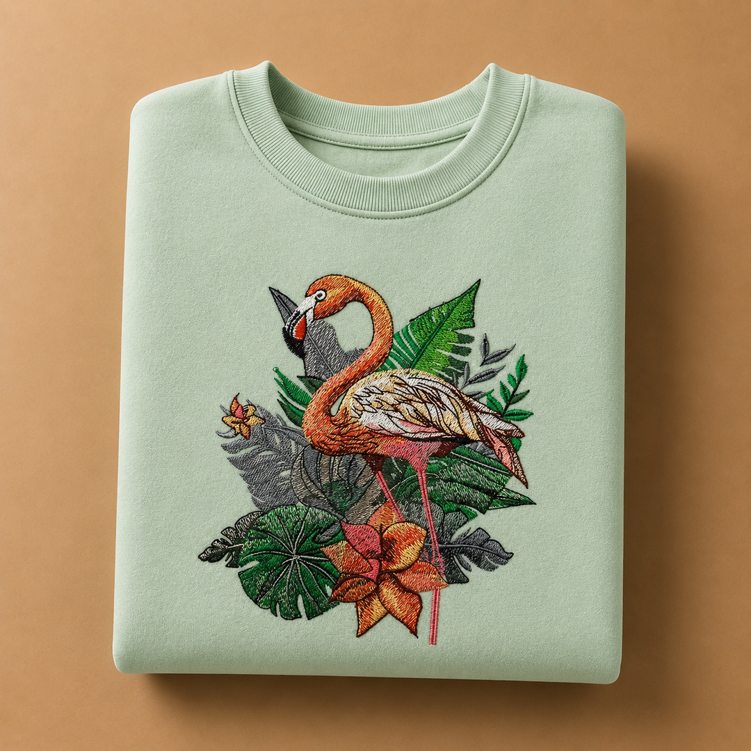 Flamingo Duo Machine Embroidered Sweatshirt – Hand Finished in Dubai | EmbroMania