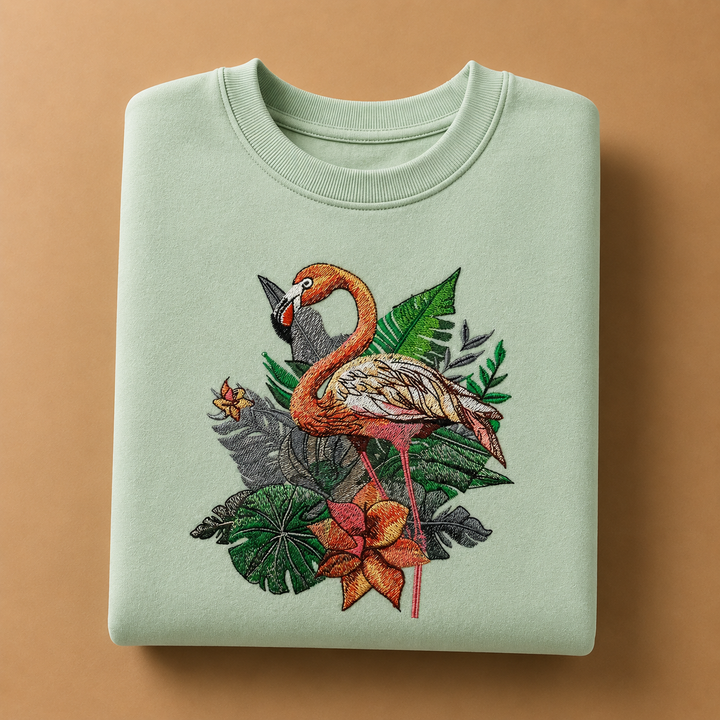 Flamingo Duo Machine Embroidered Sweatshirt – Hand Finished in Dubai | EmbroMania