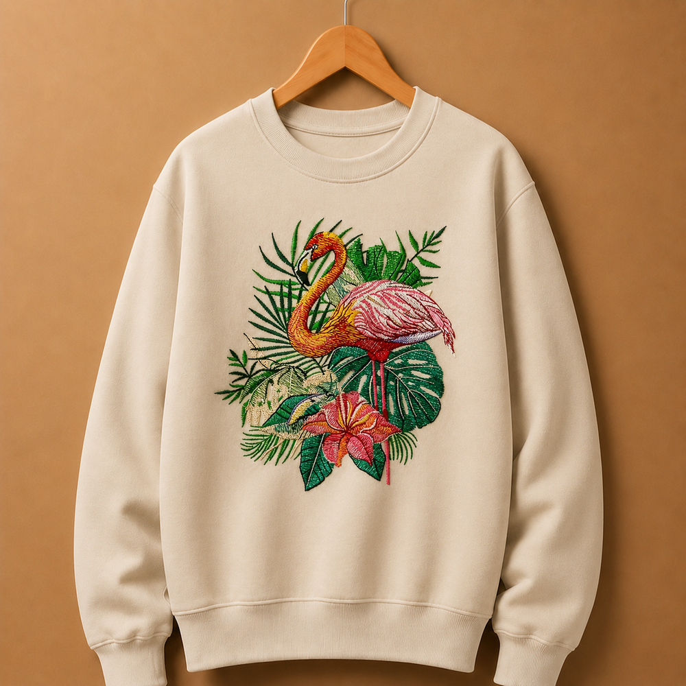 Flamingo Bloom Machine Embroidered Sweatshirt – Hand Finished in Dubai | EmbroMania