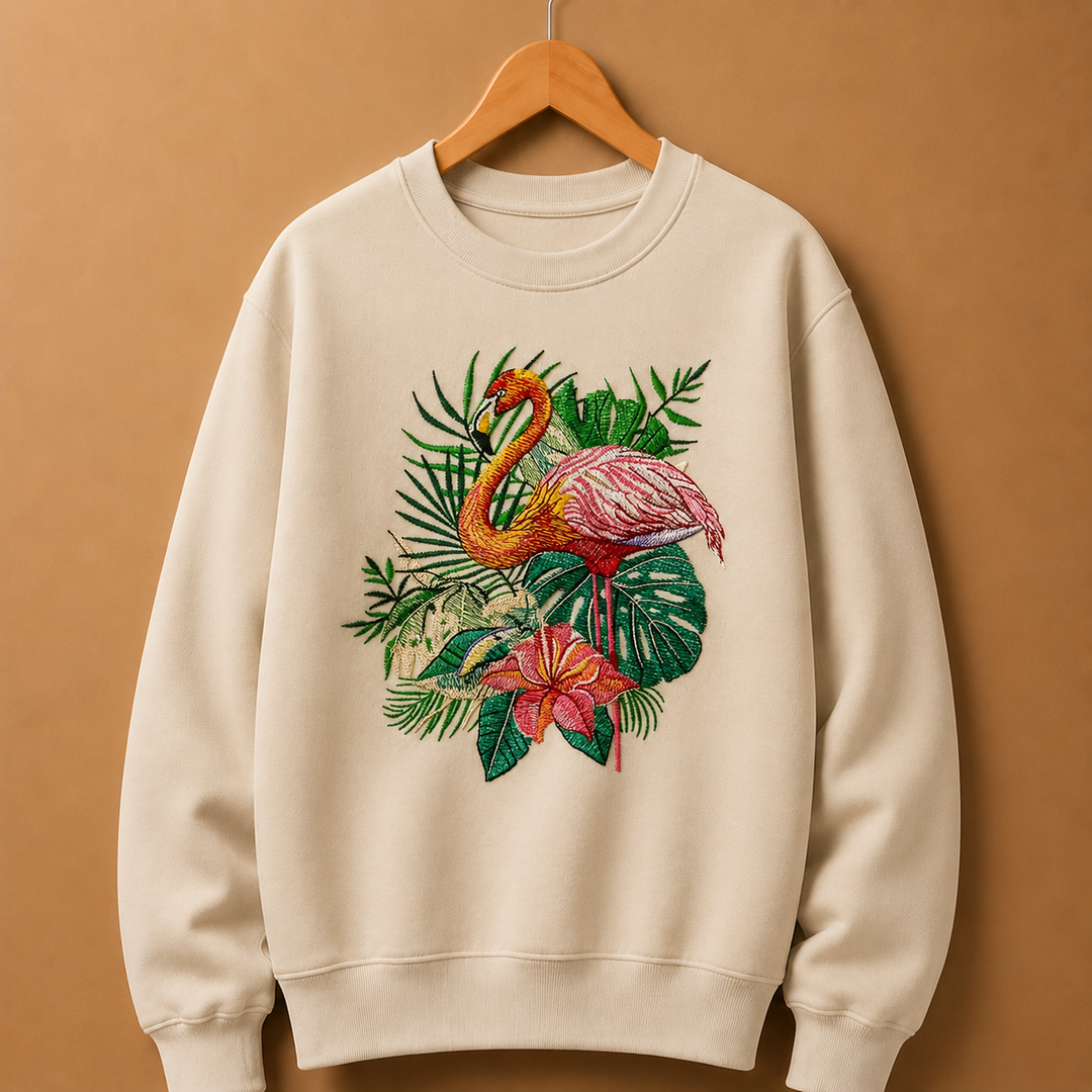 Flamingo Bloom Machine Embroidered Sweatshirt – Hand Finished in Dubai | EmbroMania