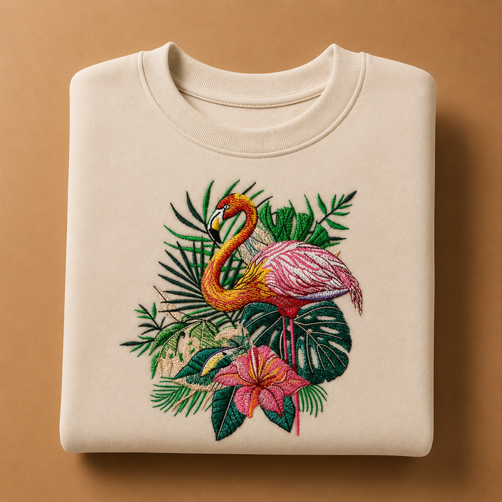 Flamingo Bloom Machine Embroidered Sweatshirt – Hand Finished in Dubai | EmbroMania