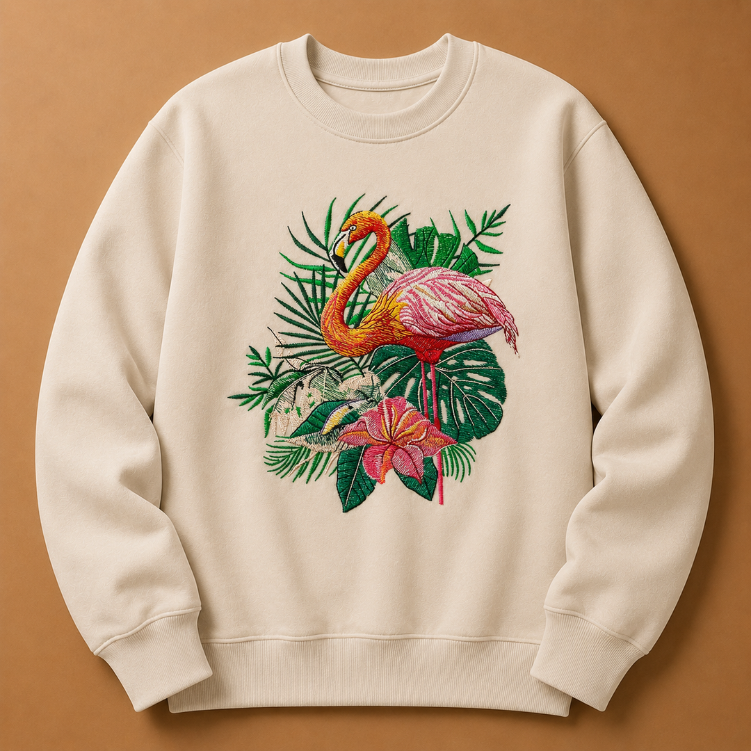 Flamingo Bloom Machine Embroidered Sweatshirt – Hand Finished in Dubai | EmbroMania