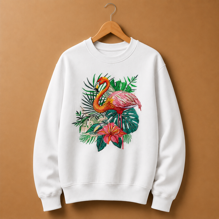 Flamingo Bloom Machine Embroidered Sweatshirt – Hand Finished in Dubai | EmbroMania