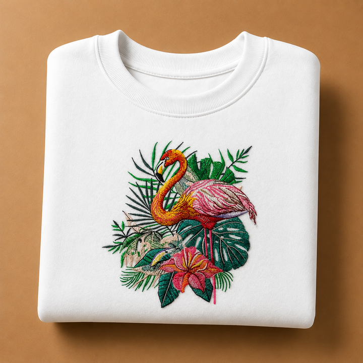 Flamingo Bloom Machine Embroidered Sweatshirt – Hand Finished in Dubai | EmbroMania