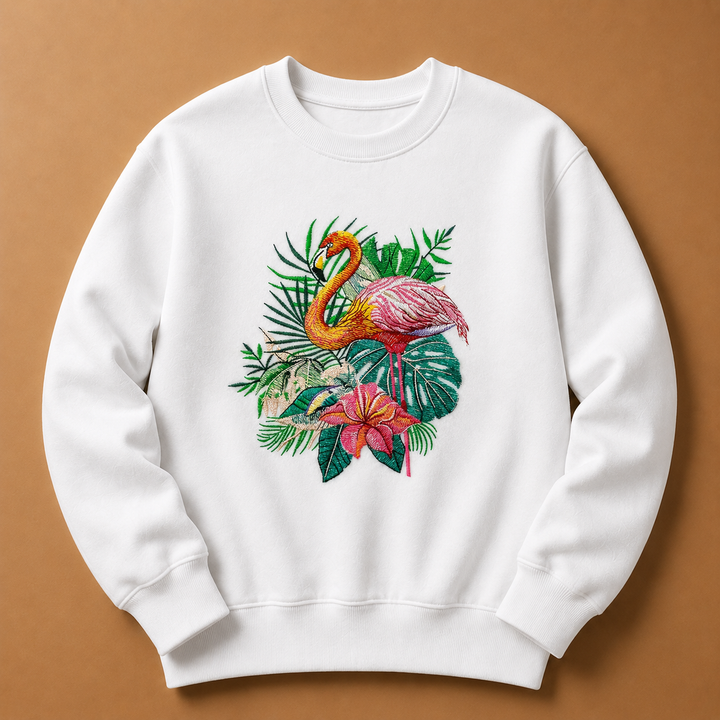 Flamingo Bloom Machine Embroidered Sweatshirt – Hand Finished in Dubai | EmbroMania