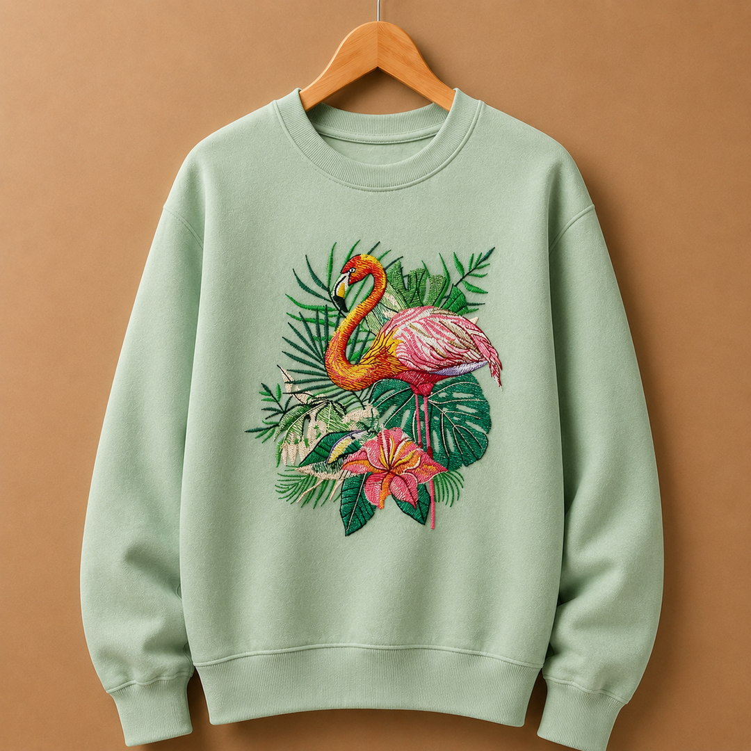 Flamingo Bloom Machine Embroidered Sweatshirt – Hand Finished in Dubai | EmbroMania