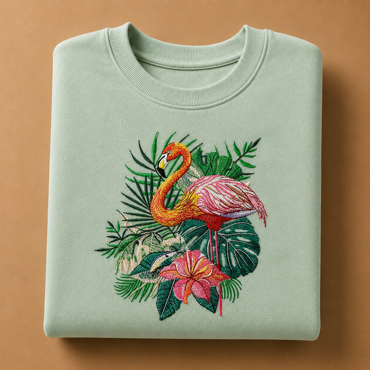 Flamingo Bloom Machine Embroidered Sweatshirt – Hand Finished in Dubai | EmbroMania