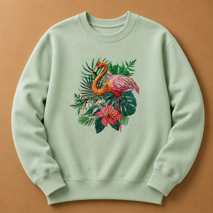 Flamingo Bloom Machine Embroidered Sweatshirt – Hand Finished in Dubai | EmbroMania