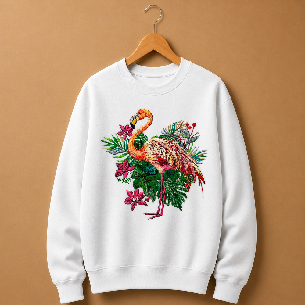 Flamingo Dusk Machine Embroidered Sweatshirt – Hand Finished in Dubai | EmbroMania