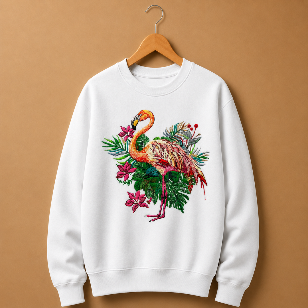 Flamingo Dusk Machine Embroidered Sweatshirt – Hand Finished in Dubai | EmbroMania