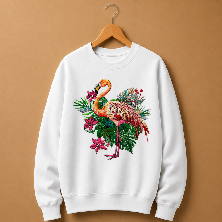 Flamingo Dusk Machine Embroidered Sweatshirt – Hand Finished in Dubai | EmbroMania