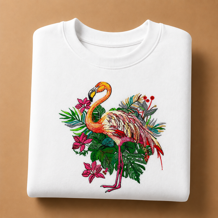 Flamingo Dusk Machine Embroidered Sweatshirt – Hand Finished in Dubai | EmbroMania