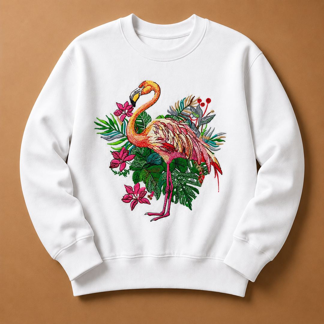 Flamingo Dusk Machine Embroidered Sweatshirt – Hand Finished in Dubai | EmbroMania