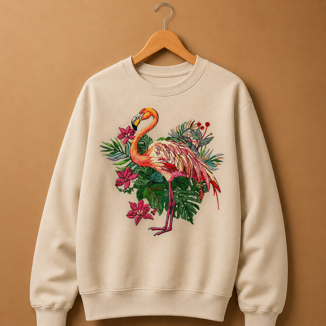 Flamingo Dusk Machine Embroidered Sweatshirt – Hand Finished in Dubai | EmbroMania