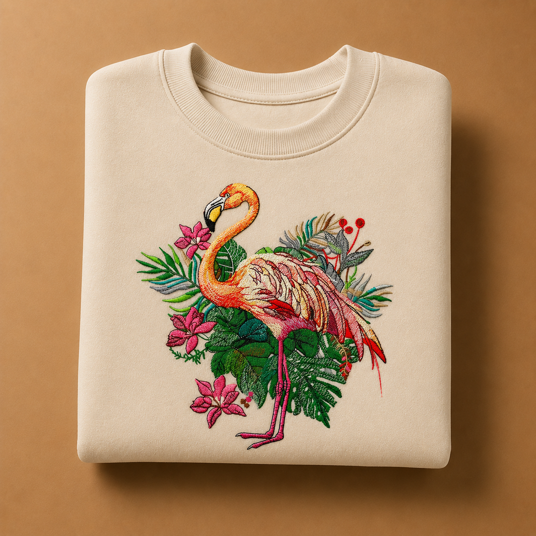 Flamingo Dusk Machine Embroidered Sweatshirt – Hand Finished in Dubai | EmbroMania
